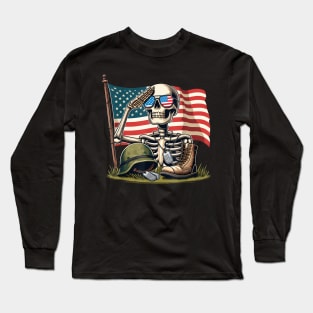 Skeleton American USA Flag Memorial Day 4th of July Long Sleeve T-Shirt